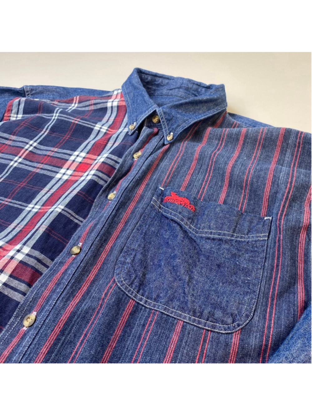 Vintage Denim Shirt Mens XL Button Down Blue Red Plaid Striped Retro Hip Hop
